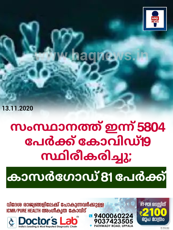 സംസ്ഥാനത്ത് ഇന്ന് 5804 പേര്‍ക്ക് കോവിഡ്19 സ്ഥിരീകരിച്ചു; കാസര്‍ഗോഡ് 81 പേർക്ക്